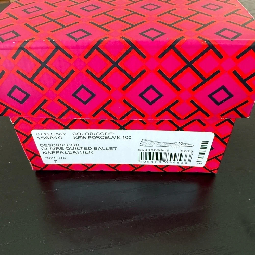 Tory Burch Claire Quilted Ballet Flat Nappa Leather New Porcelain size 7